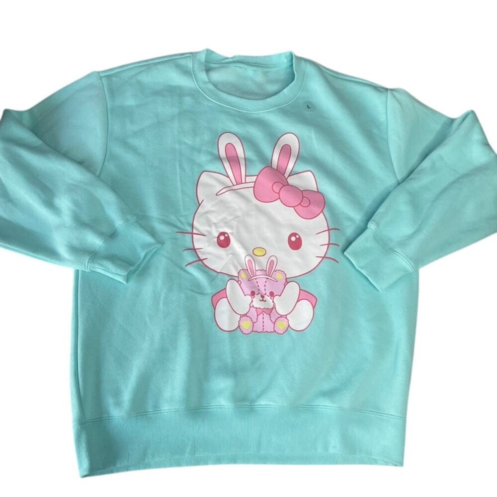 HELLO KITTY Large NWT‎ Pink Teal Bunny Easter Pullover Sweatshirt Cute Kawaii